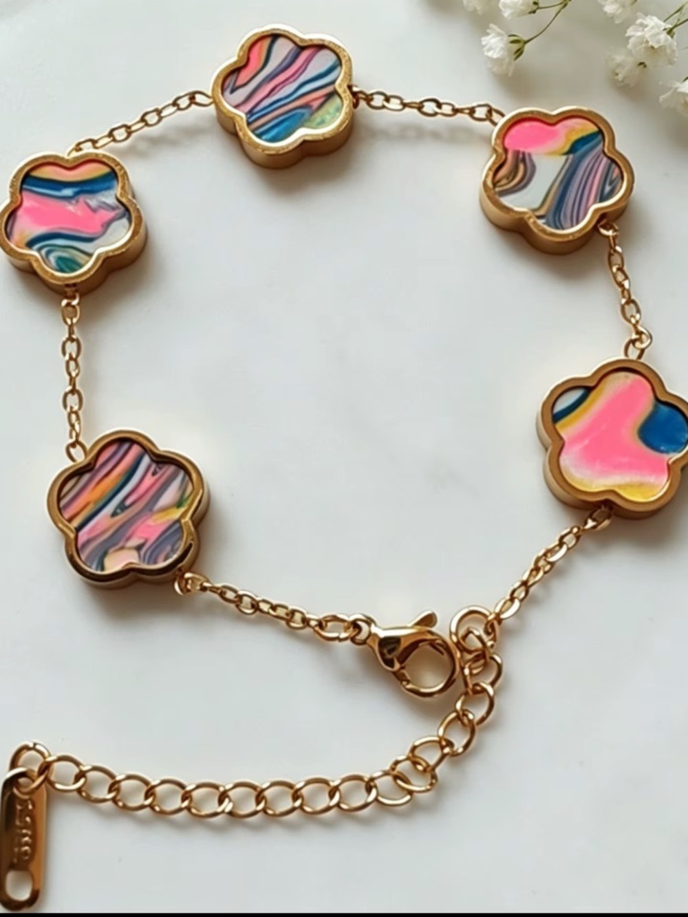 Gold-Plated Multicolor Flower Link Bracelet - Pink & Blue
